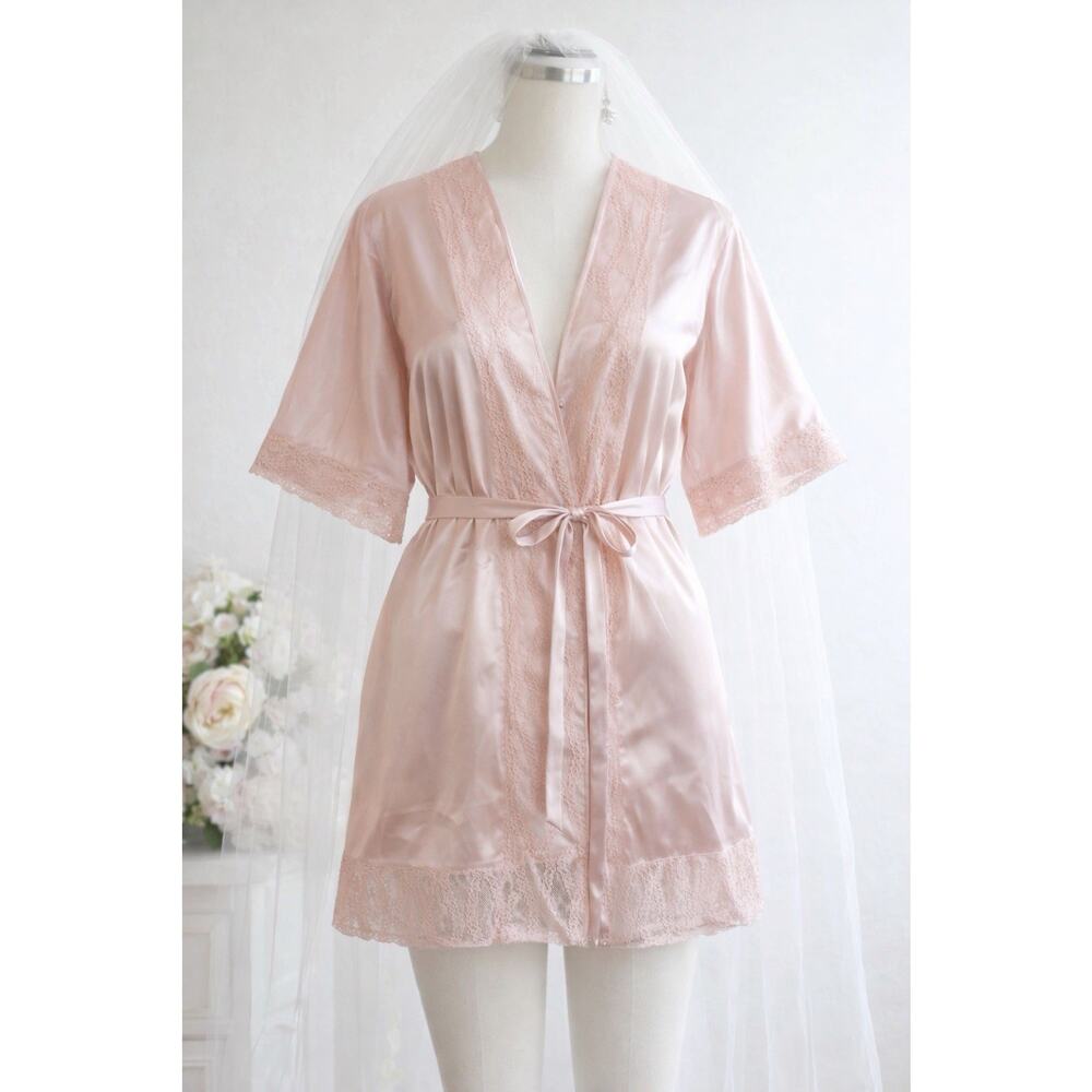 AW Bridal Pink Satin Robe Faux Lace Trim Kimono Sleeve Wedding Size S